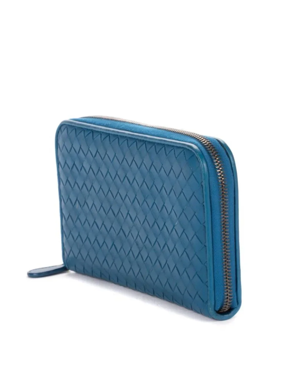Bottega Veneta Zip Around Wallet Blue Intrecciato Calfskin Leathera